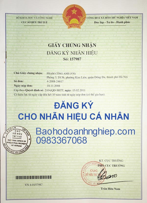 mẫu giấy chứng nhận đăng ký nhãn hiệu cho cá nhân Đăng ký nhãn hiệu cho cá nhân
